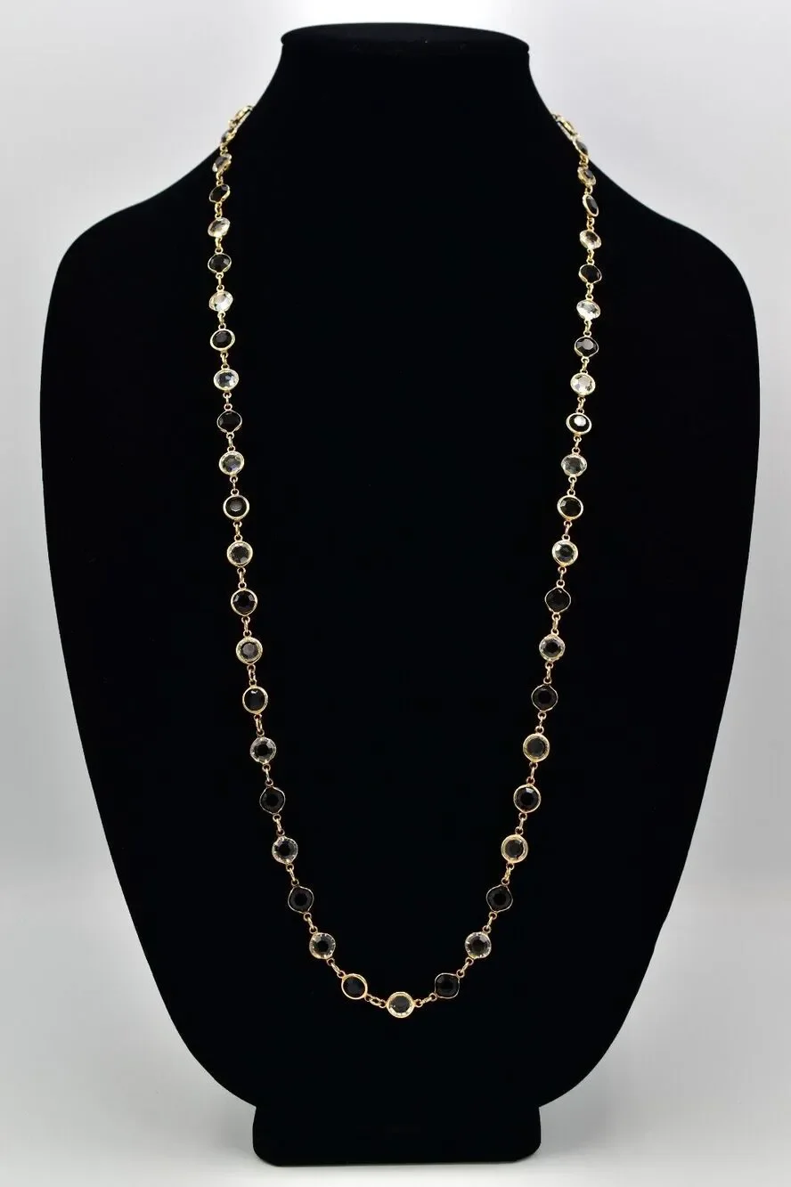 Austrian USA Crystal Open Bezel Necklace Black White Gold Signed 1980s BinBL